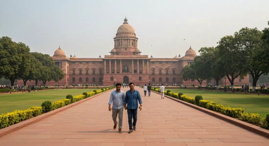 Rashtrapati Bhavan en Raisina Hill vista desde el eje ceremonial, fachada de arenisca y jardines formales bajo un cielo pálido de Delhi