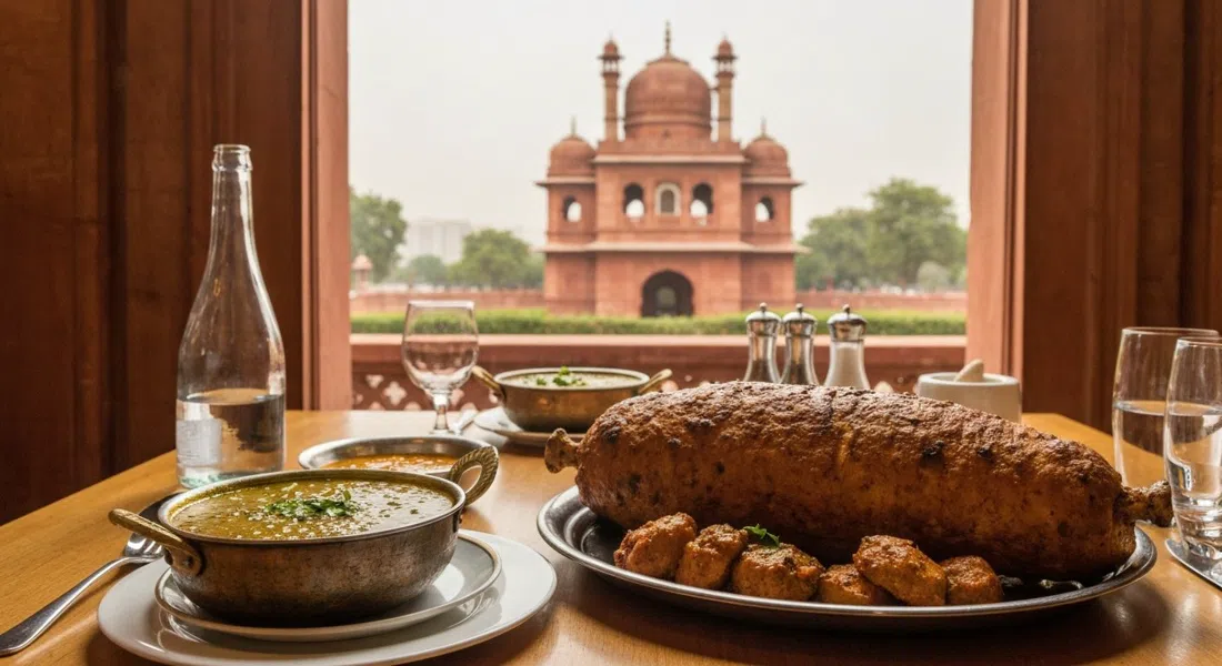 servicio de mesa baja en Bukhara en ITC Maurya, dal Bukhara y un gigante Sikandari Raan servidos en la cálida luz del restaurante