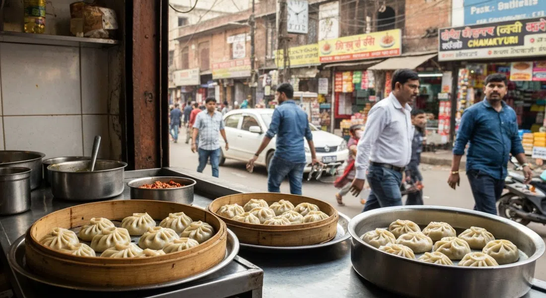momos al vapor en Chimney Sizzlers en Yashwant Place, bandejas de mostrador de metal y un bullicioso fondo de mercado en Chanakyapuri