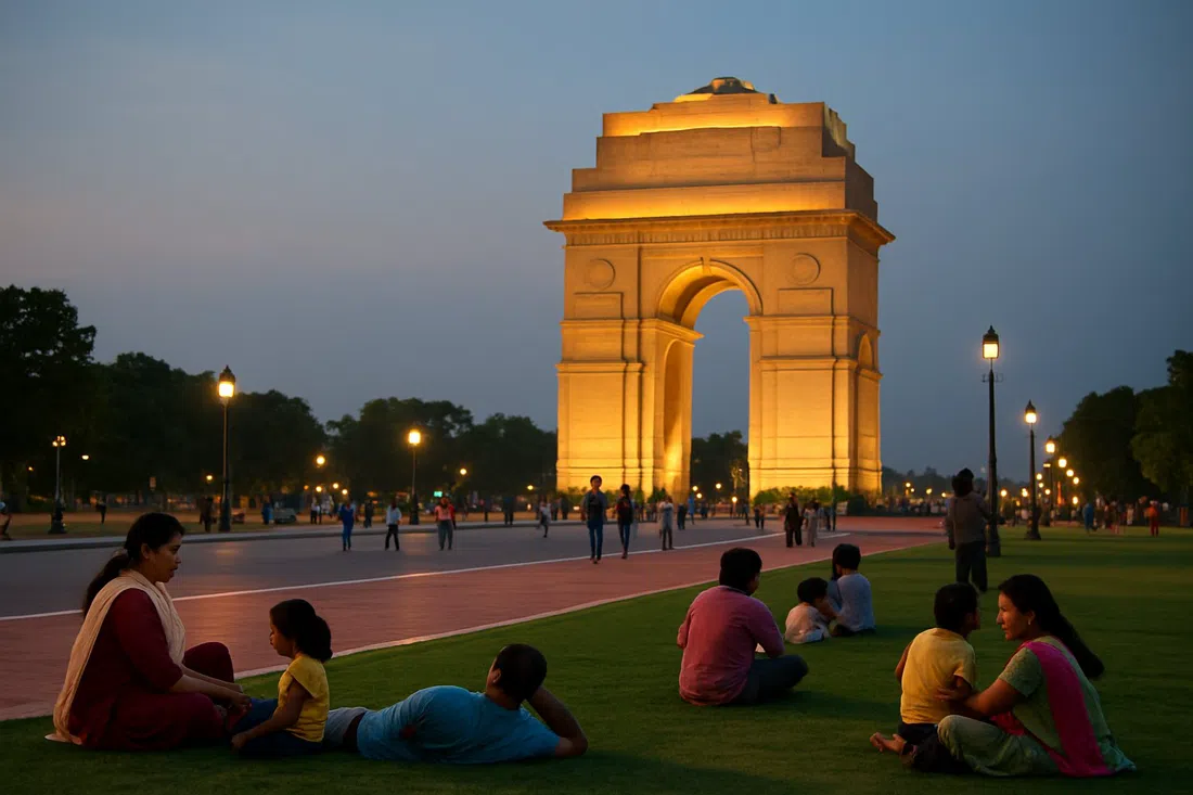 India Gate y Kartavya Path al atardecer, familias en el césped, arco iluminado y paseo de granito rojo brillando bajo los reflectores