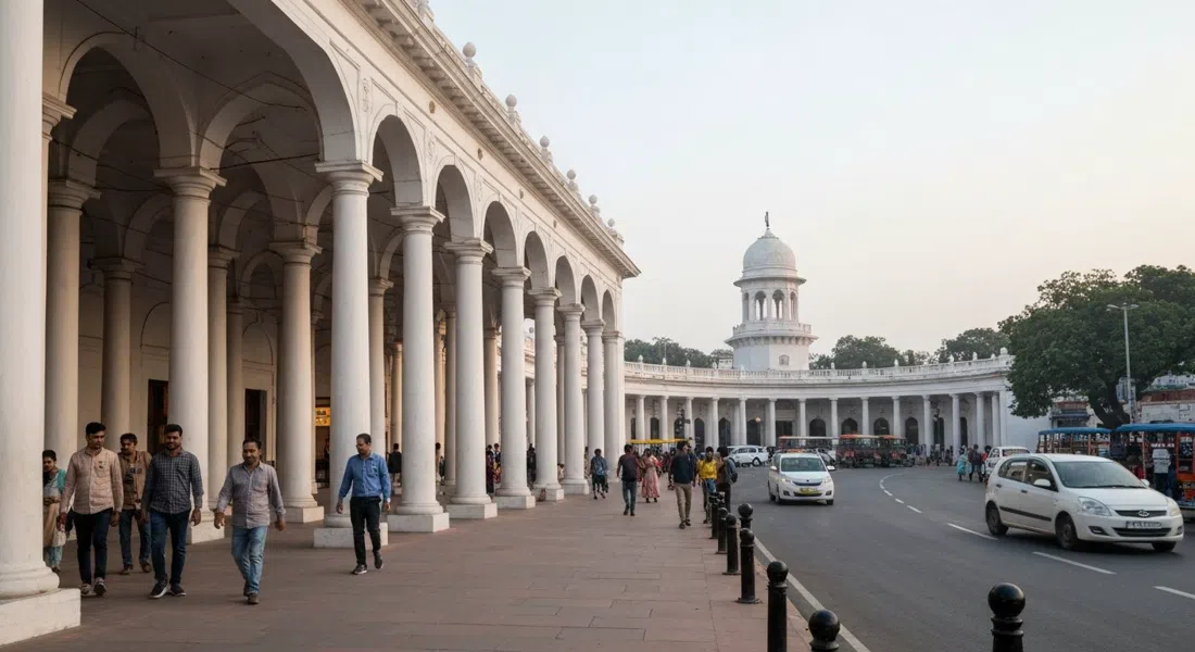 las columnatas blancas del círculo interior de Connaught Place a la luz del atardecer, peatones moviéndose bajo la galería cubierta y tráfico circulando alrededor
