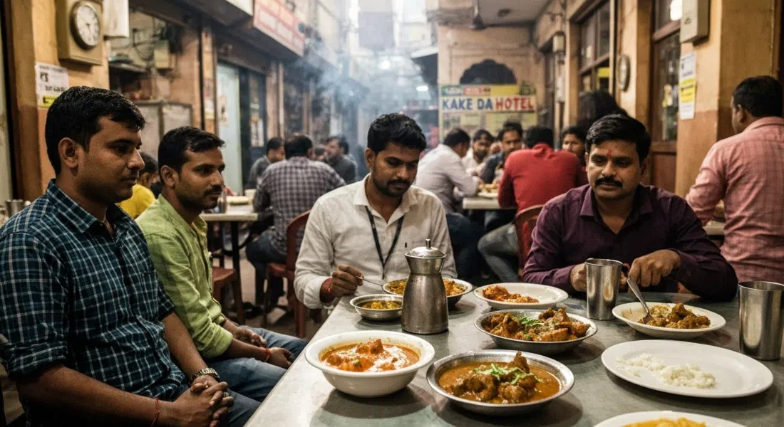 una mesa abarrotada en Kake da Hotel en el Outer Circle, cuencos de humeante pollo al curry (butter chicken) y curry de cordero bajo la luz cálida del interior, con el comedor abarrotado al fondo