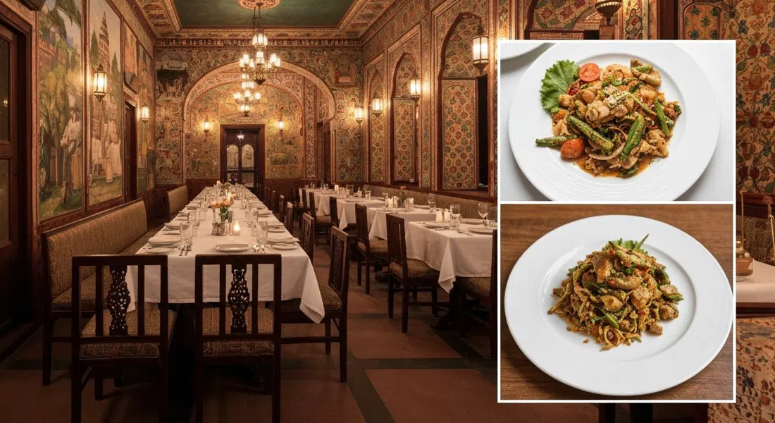 el comedor con murales de The Spice Route en The Imperial, con mesas largas, luz cálida de farolillos y paredes ricamente estampadas que enmarcan un plato del Sudeste Asiático emplatado