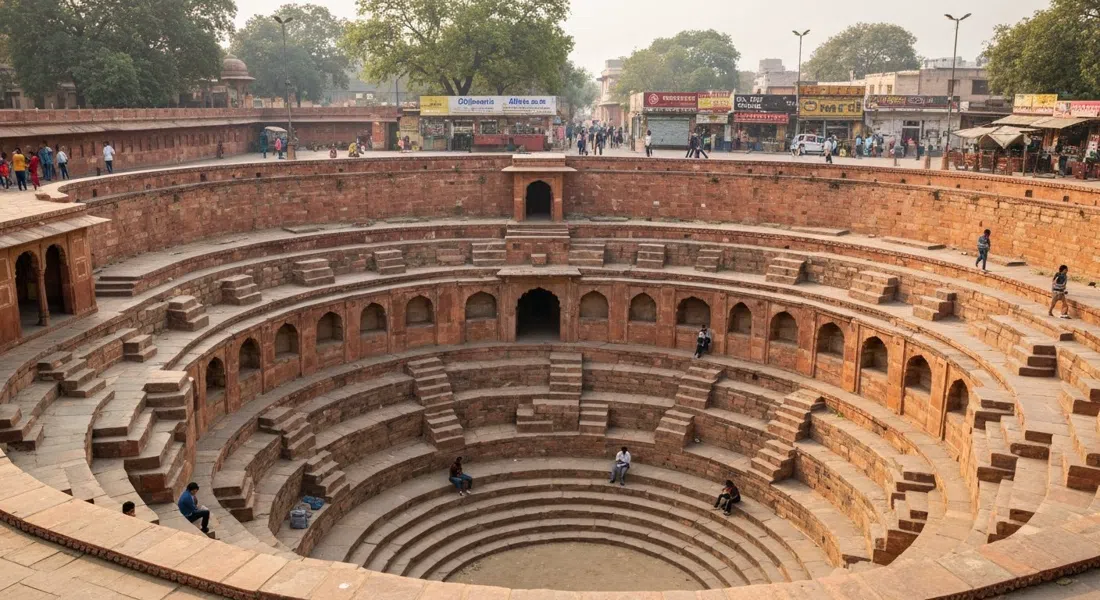 Agrasen ki Baoli en Hailey Road, sus 108 escalones de piedra cayendo a través de niveles arqueados a un fondo seco, fotografiada desde arriba con suave luz matutina