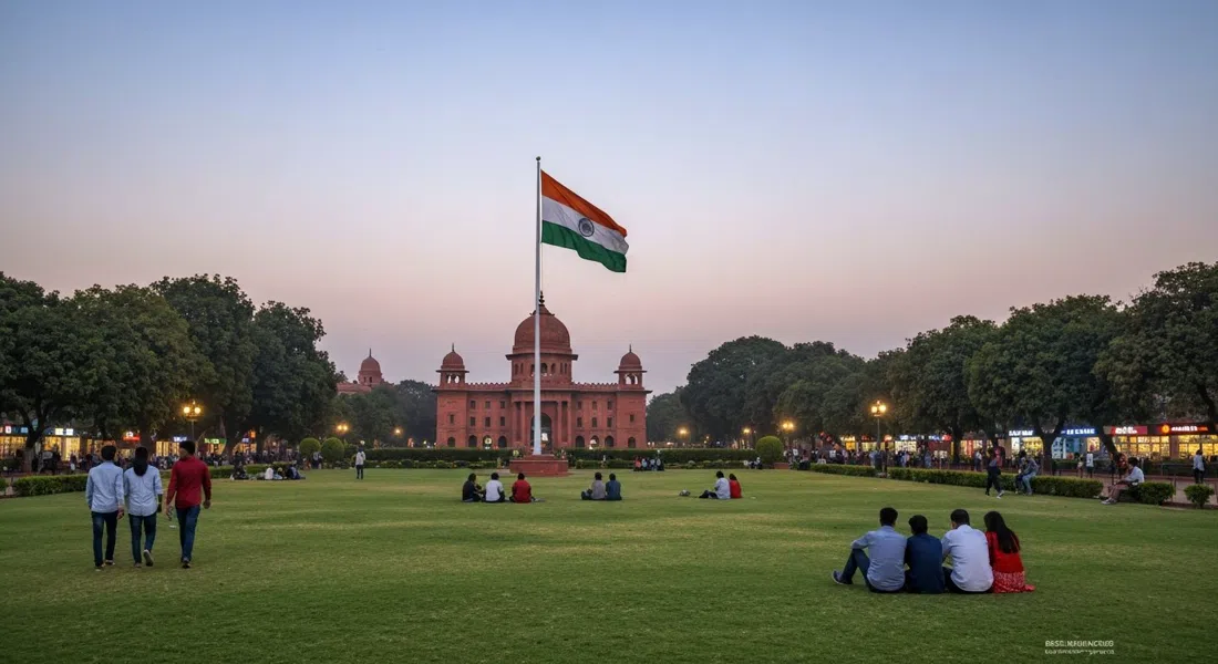 Central Park en el centro de Connaught Place al anochecer, la gran bandera nacional elevándose sobre prados abiertos con gente sentada y caminando sobre el césped