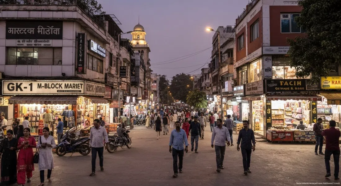 M-Block Market de GK-1 en Greater Kailash al atardecer, fachadas de tiendas de varios pisos brillando sobre una acera concurrida de familias y oficinistas