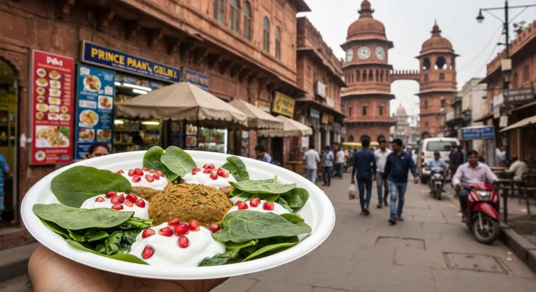 un plato de palak patta chaat de Prince Paan en el M-Block de GK-1, hojas de espinaca crujientes con yogur y granada a nivel de calle