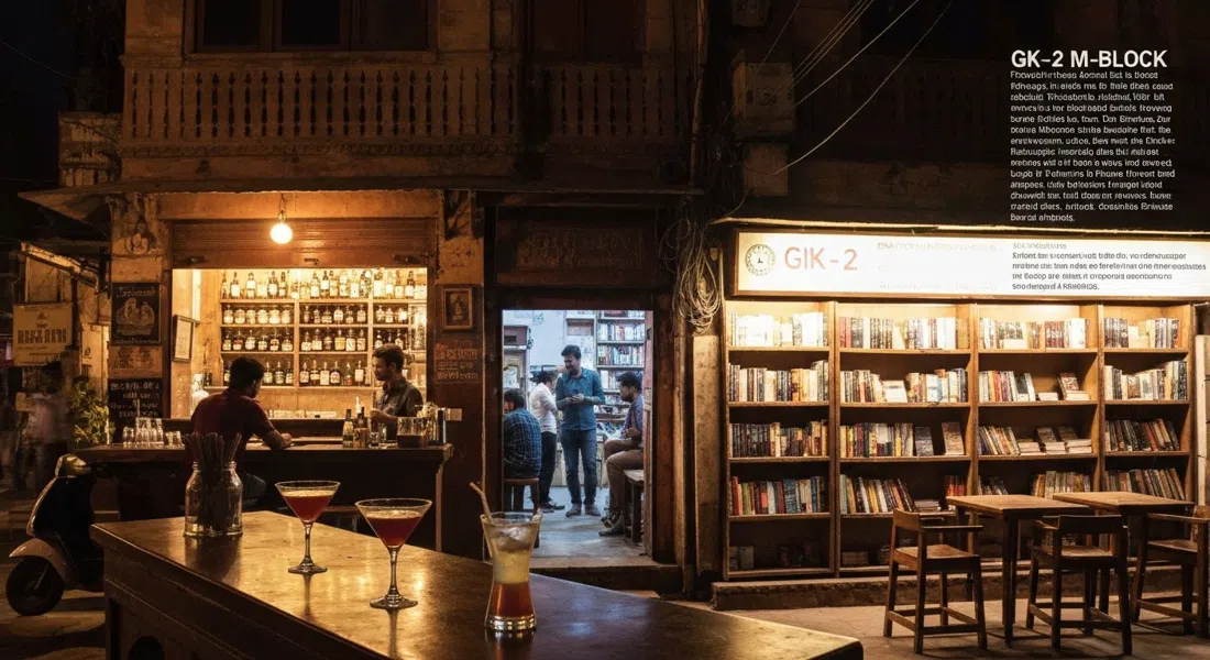 Sidecar en el M-Block de GK-2 de noche, el bar de arriba brillando sobre la librería de la planta baja, cócteles en una barra tenue