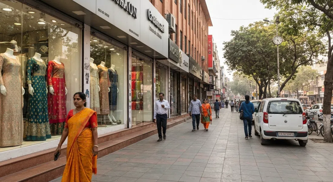 Mercado de South Extension en una tarde soleada, fachadas vidriosas de saris y marcas internacionales frente a la Ring Road