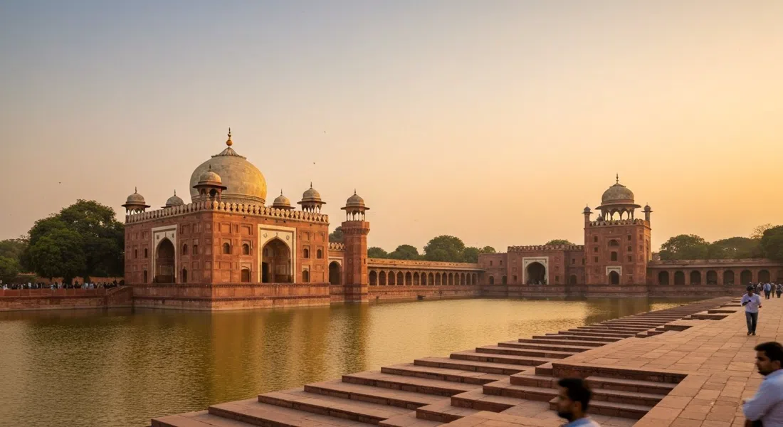 el Complejo Hauz Khas al atardecer, la tumba de Firoz Shah Tughlaq y la madrasa bajando hacia el embalse, el agua tornándose dorada bajo un cielo bajo de Delhi
