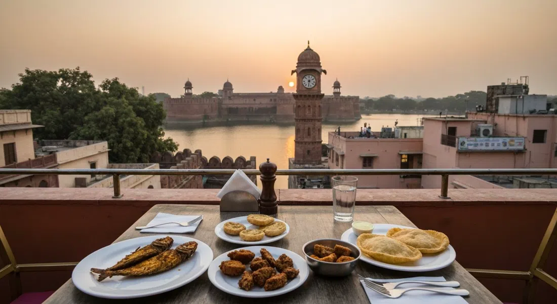 una mesa en la azotea de Coast Cafe sobre Ogaan, pescado frito y appams en la mesa con el fuerte y el lago de Hauz Khas visibles al fondo al atardecer