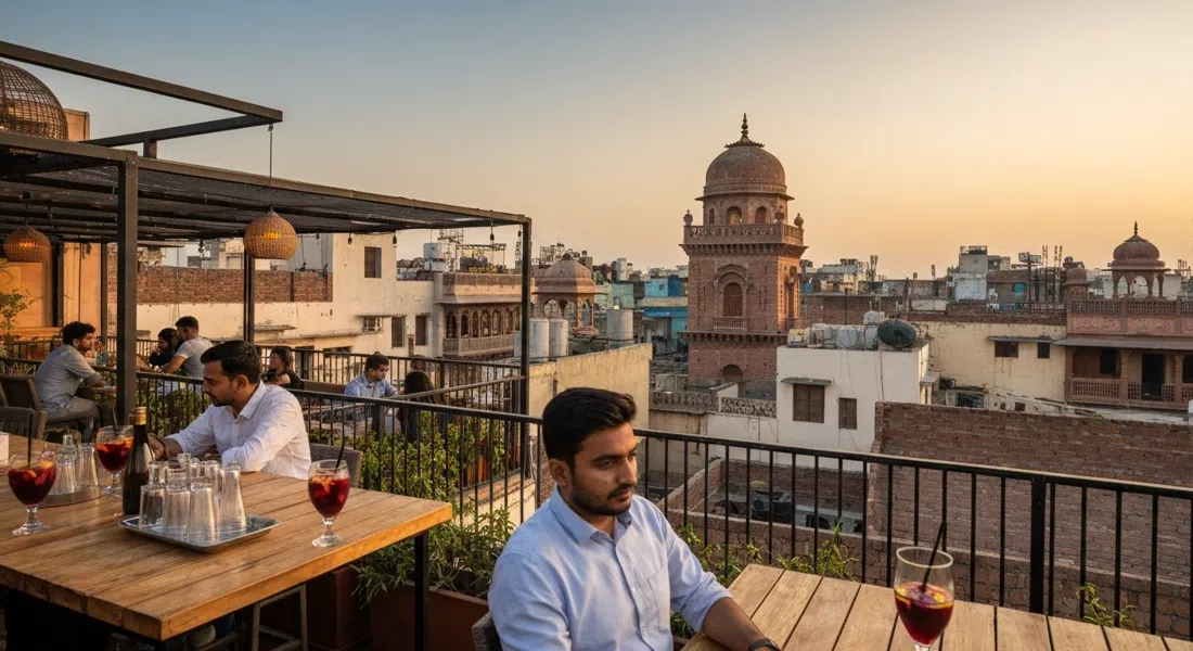 la escena del bar en la azotea de Imperfecto con vistas al horizonte de Hauz Khas, jarras de sangría y luz cálida de la tarde sobre los techos del pueblo
