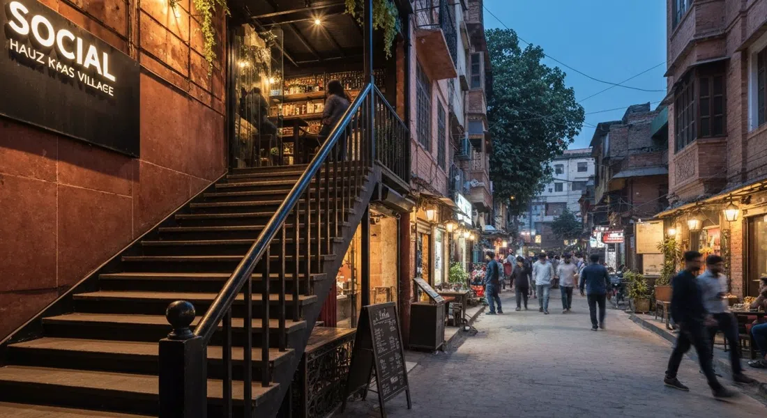 la escalera de entrada a Social en Hauz Khas Village, interiores industriales apenas visibles mientras el callejón se llena de multitudes vespertinas