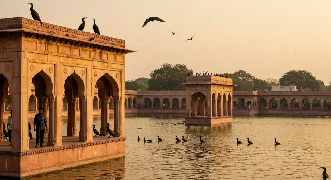 las ruinas arqueadas del Complejo Hauz Khas con cormoranes sobre el embalse al atardecer, el agua dorada antes del cierre
