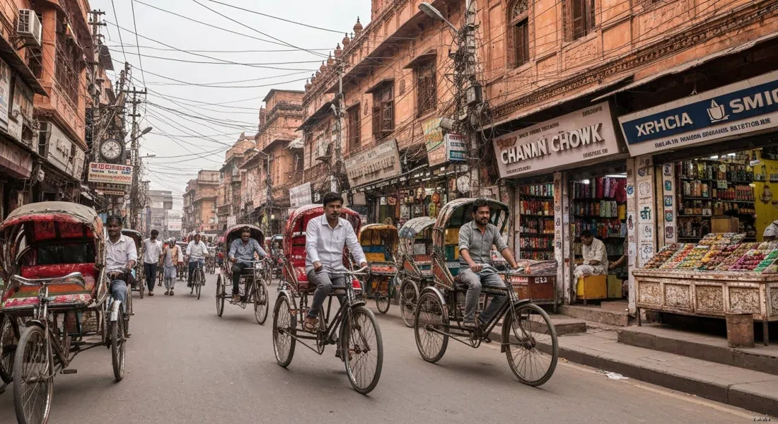 Chandni Chowk a nivel de calle en Old Delhi, rickshaws zigzagueando entre tiendas bajo un enredo de cables aéreos bajo la dura luz de media mañana
