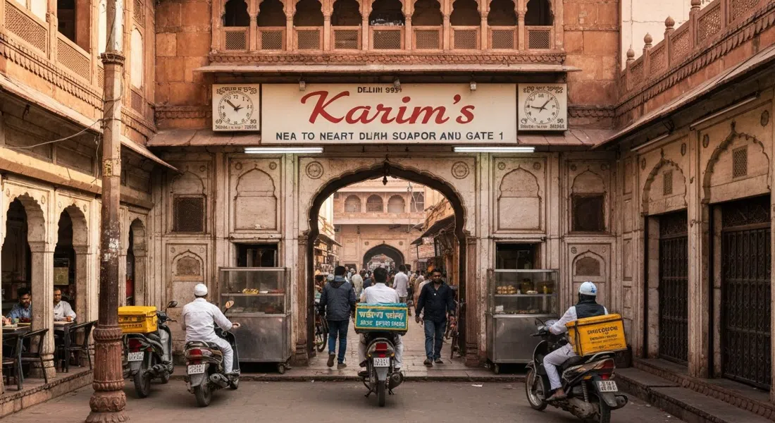 la entrada a Karim's cerca de la Puerta 1 de Jama Masjid, con un cartel sencillo y una calle concurrida de comensales y repartidores al mediodía