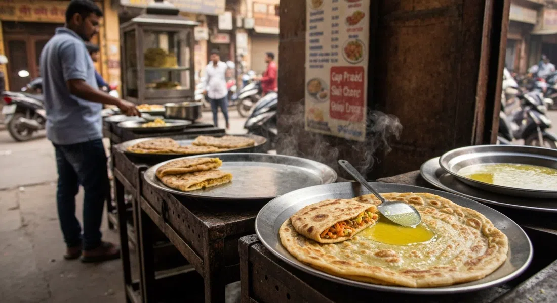parathas rellenos chisporroteando en Gaya Prasad Shiv Charan en Paranthe Wali Gali, bordes dorados y un plato de acero atrapando ghee en la cálida luz de la mañana