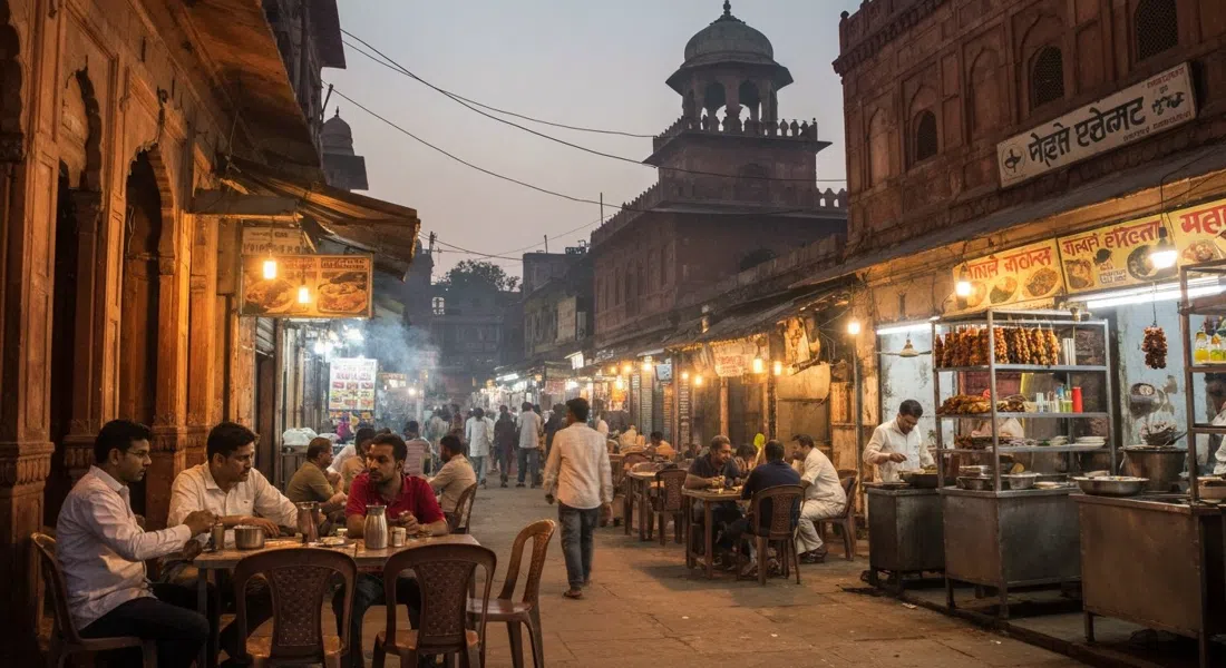 Calle de comida Matia Mahal después del anochecer cerca de Jama Masjid, bombillas desnudas brillando sobre parrillas de kebabs, comensales reunidos en mesas de plástico y humo elevándose hacia la noche