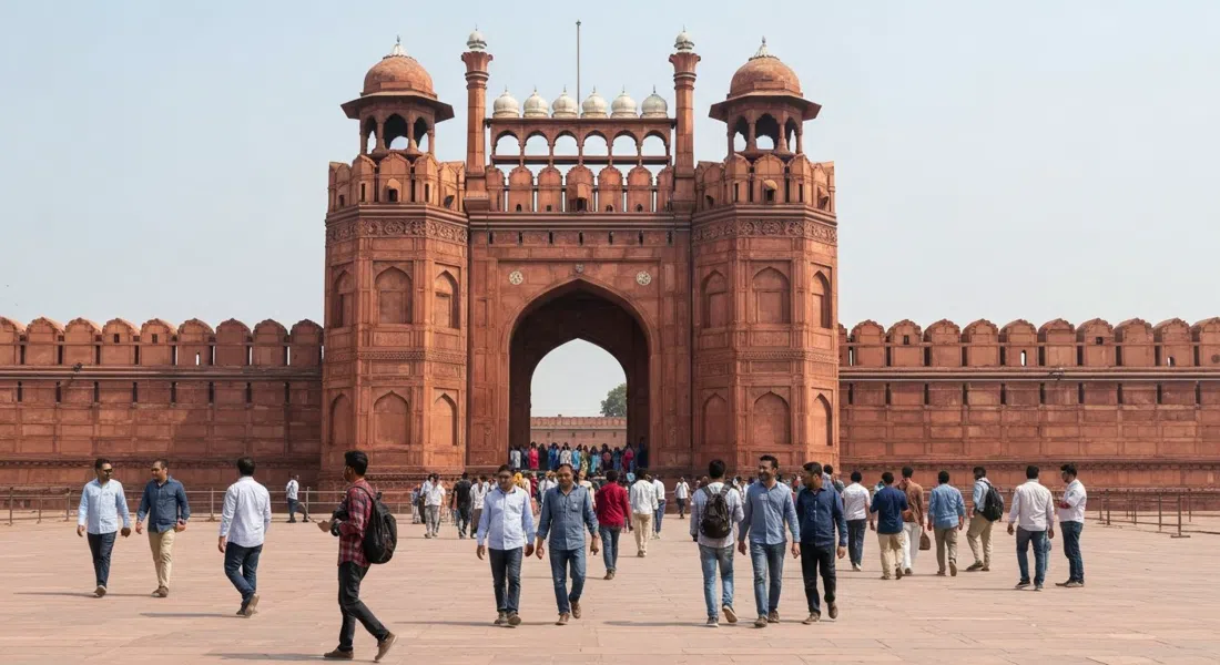 La Puerta de Lahore del Fuerte Rojo en Old Delhi, muros de arenisca roja y la entrada principal abarrotada de visitantes bajo una luz brillante del día