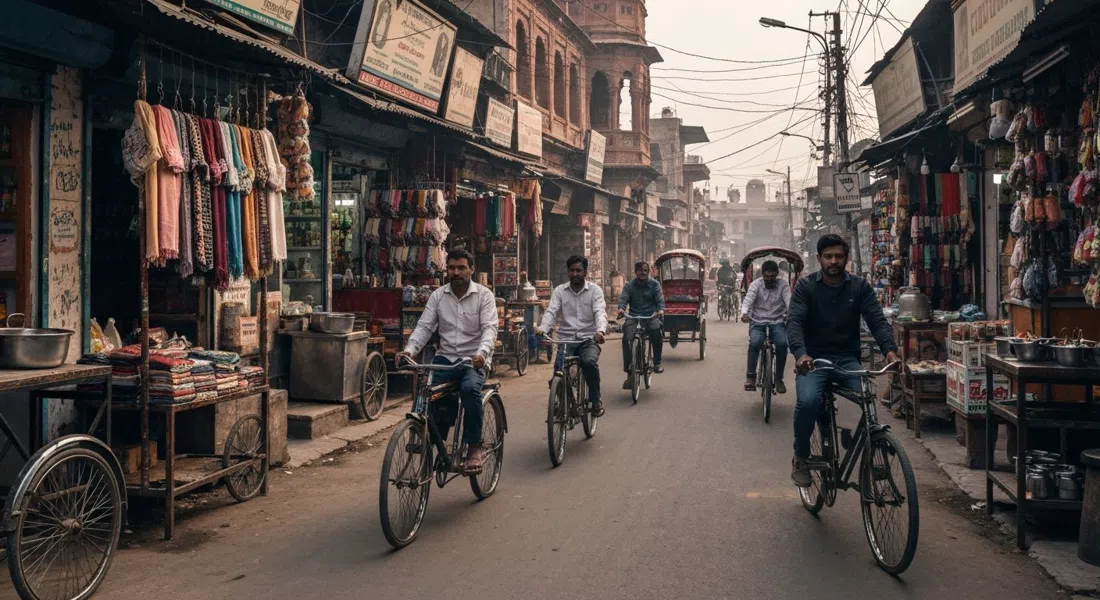 el Main Bazaar de Paharganj a nivel de calle, rickshaws esquivando puestos de bufandas, vapor de chai y letreros colgantes en la bruma de la tarde