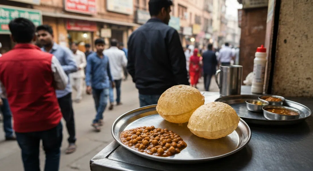 un plato de chole bhature en Sita Ram Diwan Chand en Chuna Mandi, bhature inflados junto a garbanzos picantes en una bandeja metálica lisa, comido en una sala estrecha solo en efectivo