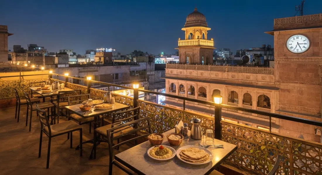 Azotea de Sam's Cafe sobre el Hotel Vivek en el Main Bazaar de noche, mesas con hummus y pan de pita, luces cálidas y las azoteas de Paharganj al fondo