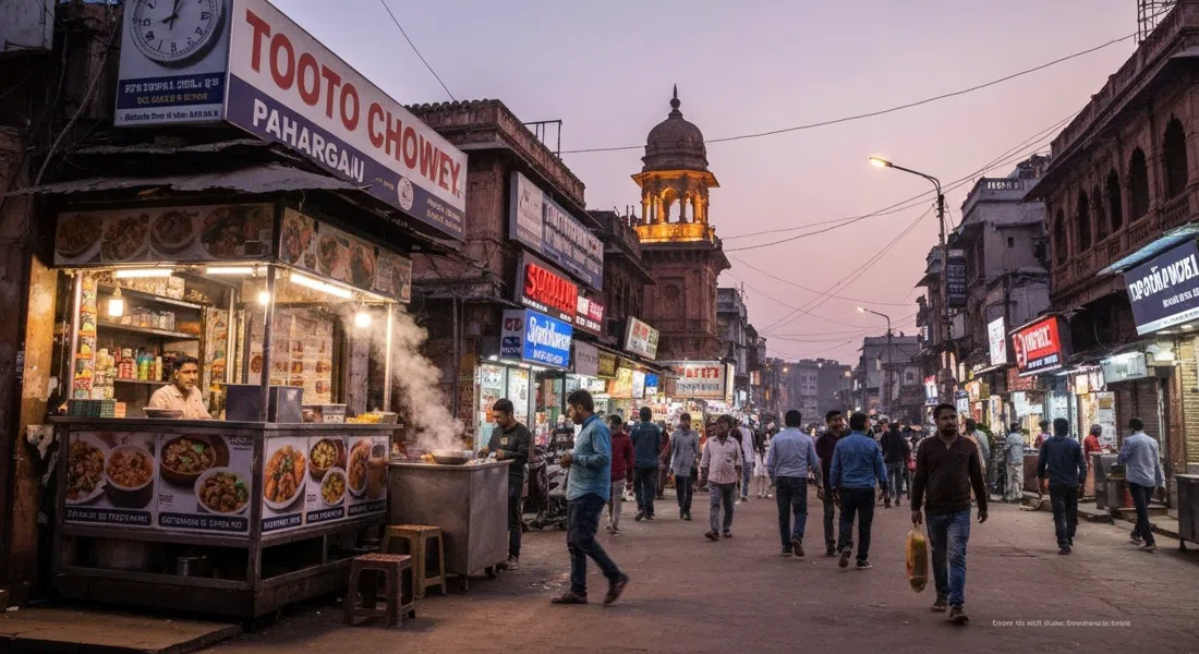 Tooti Chowk en Paharganj al atardecer, puestos de momos, vapor de comida callejera y una multitud de peatones bajo las luces de las tiendas