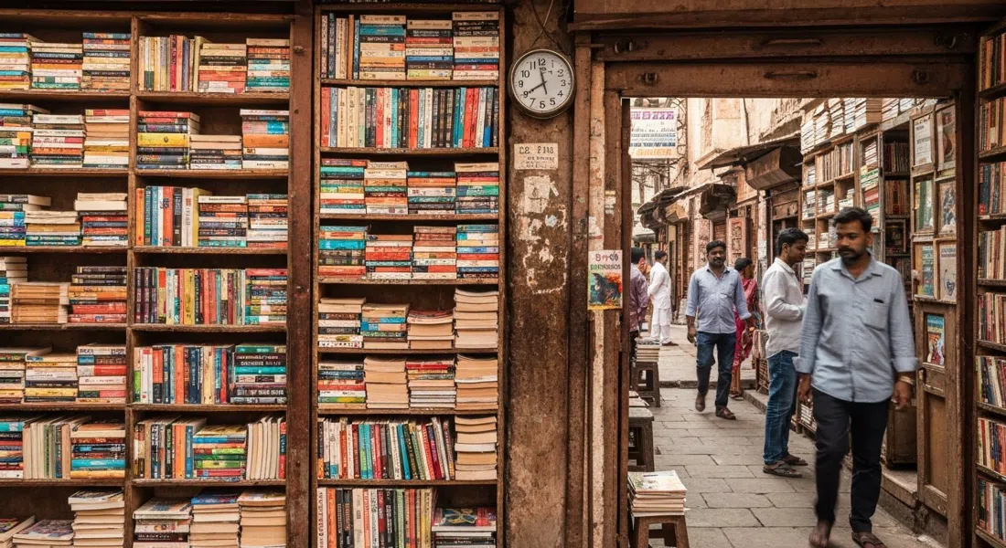 Jackson's Books en 5106 Main Bazaar, estanterías estrechas llenas de novelas de segunda mano en varios idiomas, una entrada estrecha y viejas pilas de papel
