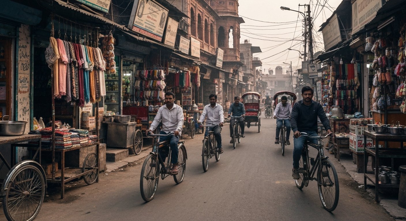 the Main Bazaar in Paharganj at street level, cycle rickshaws squeezing past scarf stalls, chai steam and dangling shop signs in the afternoon haze
