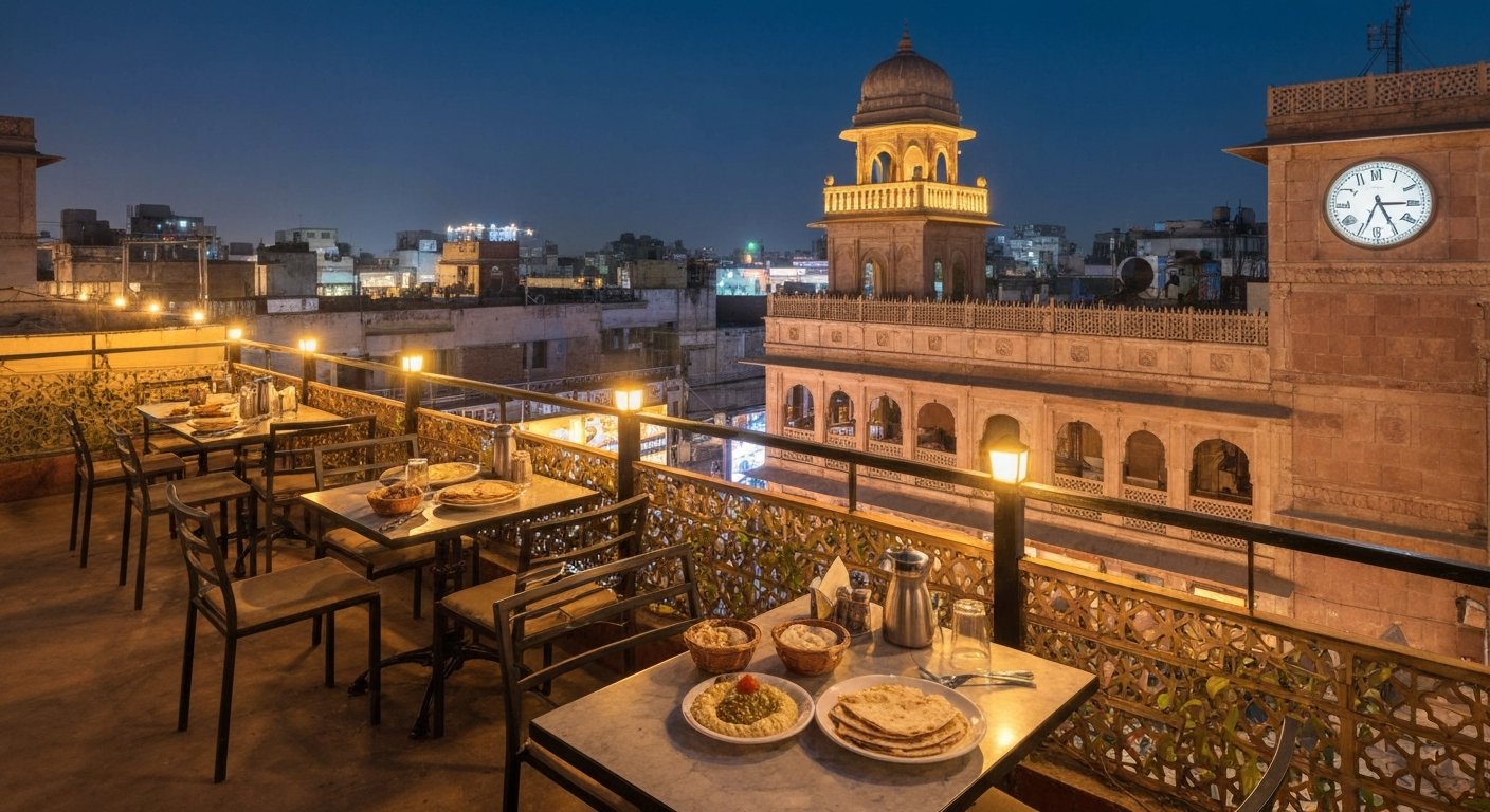 Sam's Cafe rooftop above Vivek Hotel on the Main Bazaar at night, tables with hummus and pita, warm lights, and the Paharganj rooftops beyond